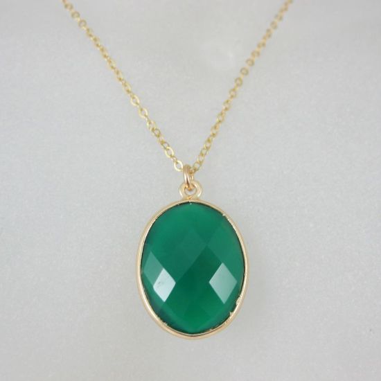 Wholesale Bezel Gemstone Oval Pendant Necklace & Earrings-Gold Plated-Green Onyx (16-24")