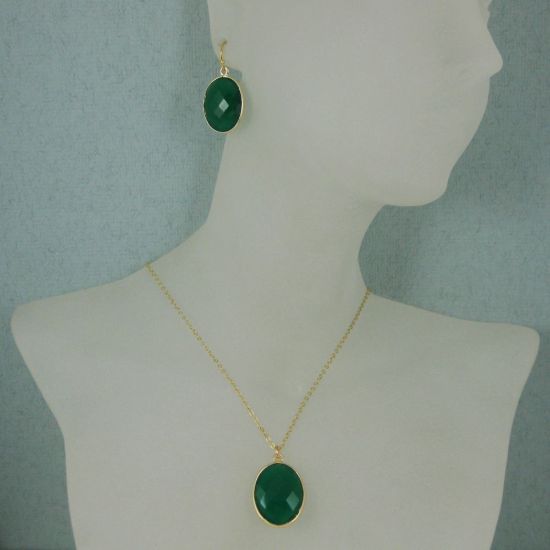 Wholesale Bezel Gemstone Oval Pendant Necklace & Earrings-Gold Plated-Green Onyx (16-24")