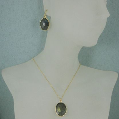 Wholesale Bezel Gemstone Oval Pendant Necklace & Earrings-Gold Plated-Labradorite (16-24")