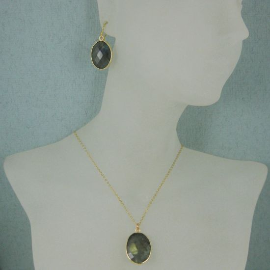 Wholesale Bezel Gemstone Oval Pendant Necklace & Earrings-Gold Plated-Labradorite (16-24")