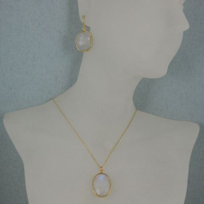 Wholesale Bezel Gemstone Oval Pendant Necklace & Earrings-Gold Plated-Moonstone (16-24")