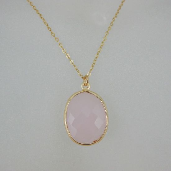 Wholesale Bezel Gemstone Oval Pendant Necklace & Earrings-Gold Plated-Pink Chalcedony (16-24")