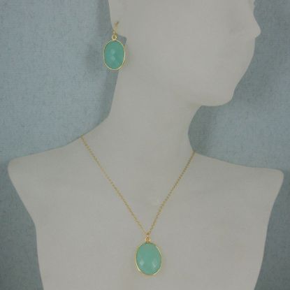 Wholesale Bezel Gemstone Oval Pendant Necklace & Earrings-Gold Plated-Peru Chalcedony (16-24")