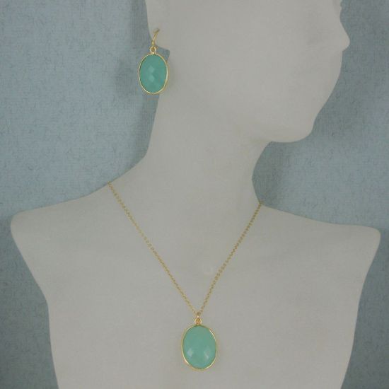 Wholesale Bezel Gemstone Oval Pendant Necklace & Earrings-Gold Plated-Peru Chalcedony (16-24")