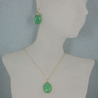 Wholesale Bezel Gemstone Oval Pendant Necklace & Earrings-Gold Plated-Prenite Chalcedony (16-24")