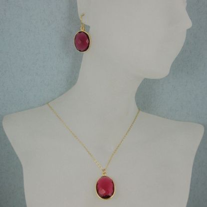 Wholesale Bezel Gemstone Oval Pendant Necklace & Earrings-Gold Plated-Rubylite Quartz (16-24")