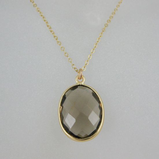 Wholesale Bezel Gemstone Oval Pendant Necklace & Earrings-Gold Plated-Smoky Quartz (16-24")