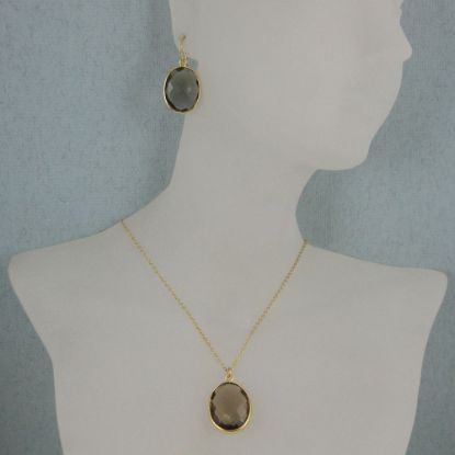 Wholesale Bezel Gemstone Oval Pendant Necklace & Earrings-Gold Plated-Smoky Quartz (16-24")