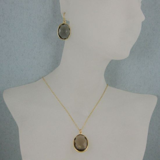 Wholesale Bezel Gemstone Oval Pendant Necklace & Earrings-Gold Plated-Smoky Quartz (16-24")