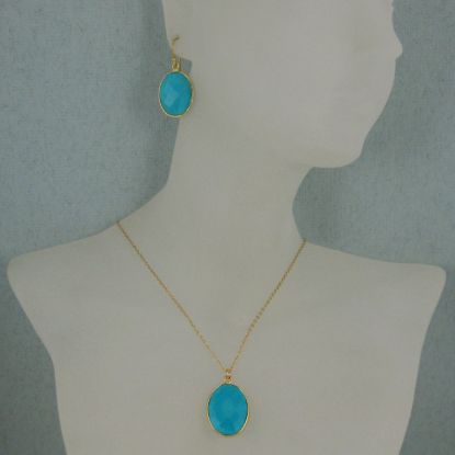 Wholesale Bezel Gemstone Oval Pendant Necklace & Earrings-Gold Plated-Turquoise (16-24")