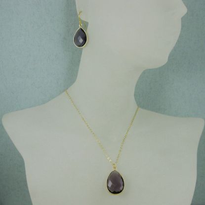 Wholesale Bezel Gemstone Tear Pendant Necklace & Earrings - Gold Plated - Amethyst (16-24")