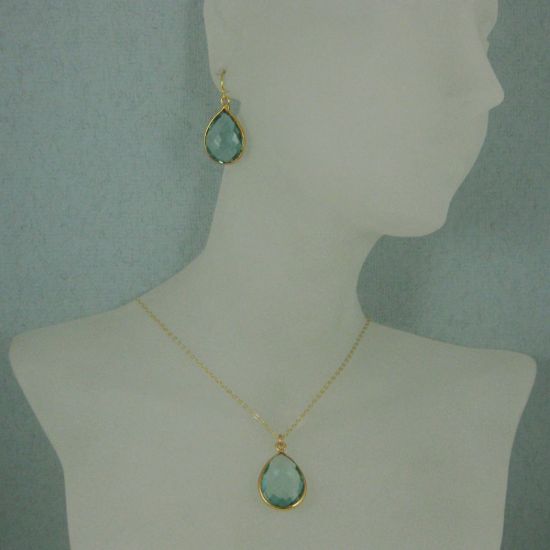 Wholesale Bezel Gemstone Tear Pendant Necklace & Earrings - Gold Plated - Aqua Quartz (16-24")