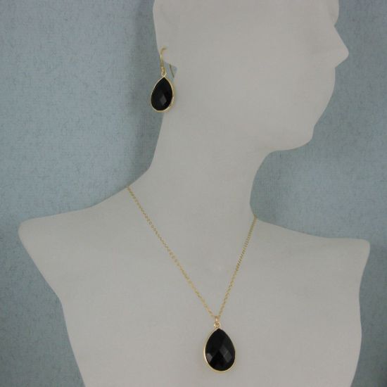 Wholesale Bezel Gemstone Tear Pendant Necklace & Earrings - Gold Plated - Black Onyx (16-24")