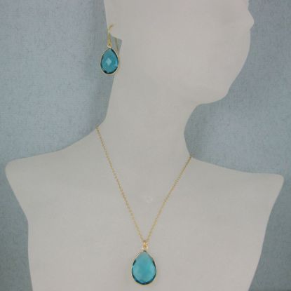 Wholesale Bezel Gemstone Tear Pendant Necklace & Earrings - Gold Plated - Blue Quartz (16-24")