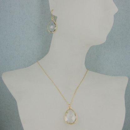 Wholesale Bezel Gemstone Tear Pendant Necklace & Earrings - Gold Plated - Crystal Quartz (16-24")