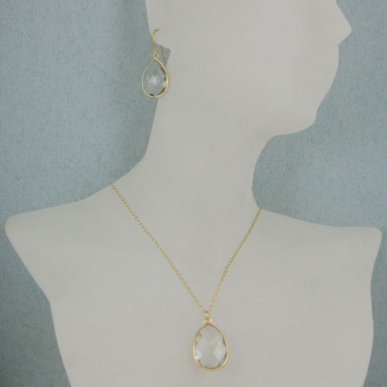 Wholesale Bezel Gemstone Tear Pendant Necklace & Earrings - Gold Plated - Crystal Quartz (16-24")