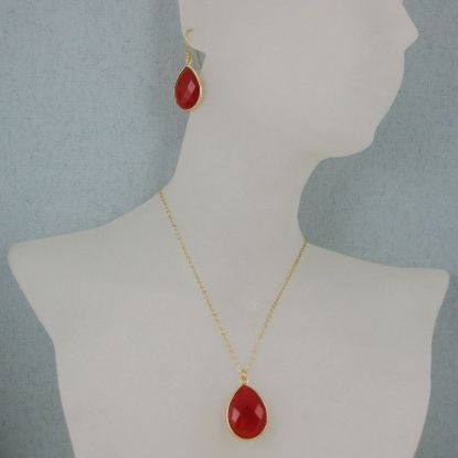 Wholesale Bezel Gemstone Tear Pendant Necklace & Earrings - Gold Plated - Carnelian (16-24")