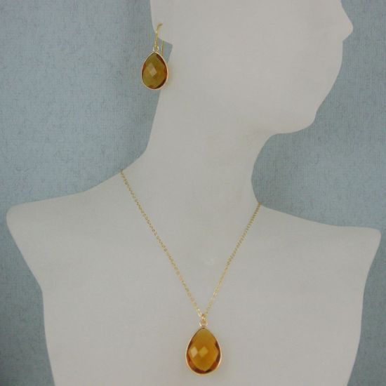 Wholesale Bezel Gemstone Tear Pendant Necklace & Earrings - Gold Plated - Citrine Quartz (16-24")