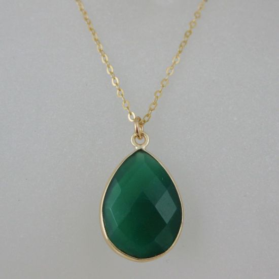 Wholesale Bezel Gemstone Tear Pendant Necklace & Earrings - Gold Plated - Green Onyx (16-24")