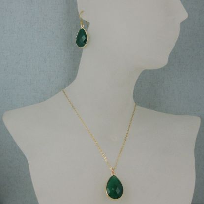 Wholesale Bezel Gemstone Tear Pendant Necklace & Earrings - Gold Plated - Green Onyx (16-24")