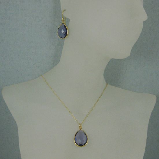 Wholesale Bezel Gemstone Tear Pendant Necklace & Earrings - Gold Plated - Iolite Quartz (16-24")