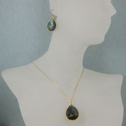 Wholesale Bezel Gemstone Tear Pendant Necklace & Earrings - Gold Plated - Labradorite (16-24")