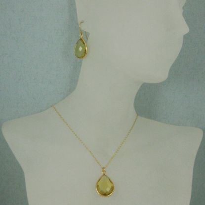 Wholesale Bezel Gemstone Tear Pendant Necklace & Earrings - Gold Plated - Lemon Quartz (16-24")