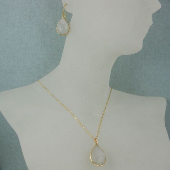 Wholesale Bezel Gemstone Tear Pendant Necklace & Earrings - Gold Plated - Moonstone (16-24")