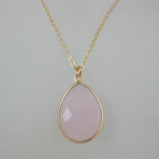 Wholesale Bezel Gemstone Tear Pendant Necklace & Earrings - Gold Plated - Pink Chalcedony (16-24")