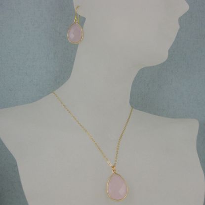 Wholesale Bezel Gemstone Tear Pendant Necklace & Earrings - Gold Plated - Pink Chalcedony (16-24")