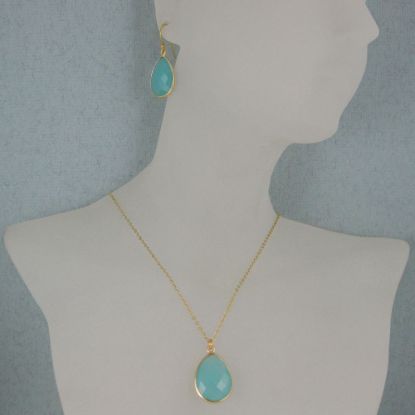 Wholesale Bezel Gemstone Tear Pendant Necklace & Earrings - Gold Plated - Peru Chalcedony (16-24")