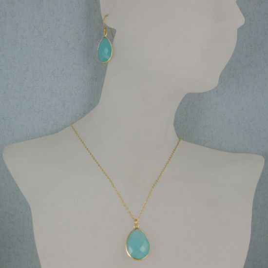 Wholesale Bezel Gemstone Tear Pendant Necklace & Earrings - Gold Plated - Peru Chalcedony (16-24")