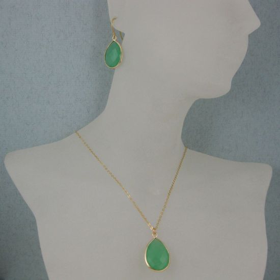 Wholesale Bezel Gemstone Tear Pendant Necklace & Earrings - Gold Plated - Prenite Chalcedny (16-24")