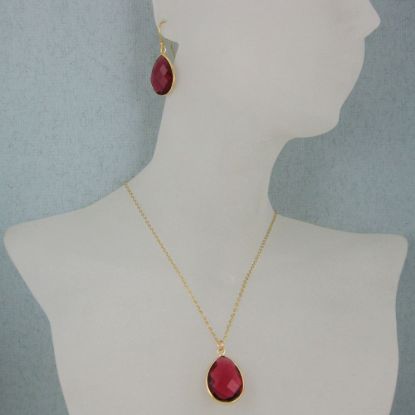 Wholesale Bezel Gemstone Tear Pendant Necklace & Earrings - Gold Plated - Rubylite Quartz (16-24")