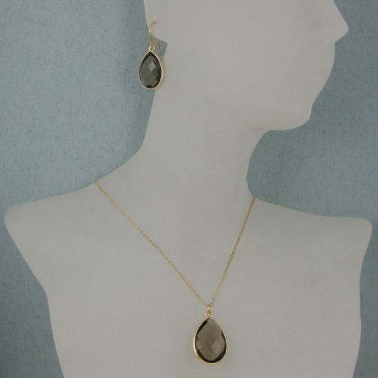 Wholesale Bezel Gemstone Tear Pendant Necklace & Earrings - Gold Plated - Smoky Quartz (16-24")