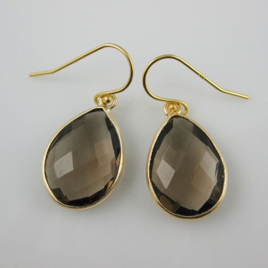 Wholesale Bezel Gemstone Tear Pendant Necklace & Earrings - Gold Plated - Smoky Quartz (16-24")