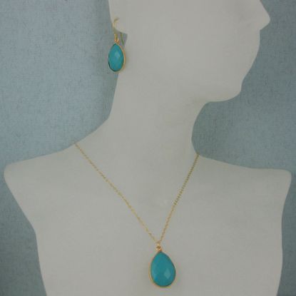 Wholesale Bezel Gemstone Tear Pendant Necklace & Earrings - Gold Plated - Turquoise (16-24")