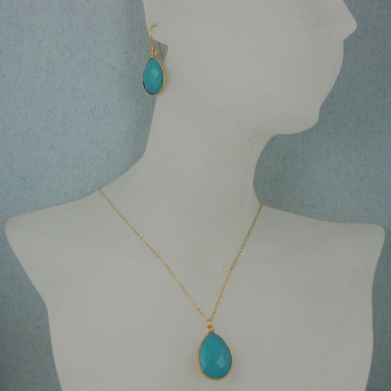Wholesale Bezel Gemstone Tear Pendant Necklace & Earrings - Gold Plated - Turquoise (16-24")