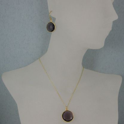 Wholesale Bezel Gemstone Round Pendant Necklace & Earrings-Gold Plated-Amethyst (16-24")