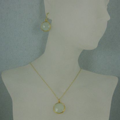 Wholesale Bezel Gemstone Round Pendant Necklace & Earrings-Gold Plated- Aqua Chalcedony (16-24")