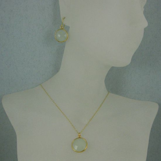 Wholesale Bezel Gemstone Round Pendant Necklace & Earrings-Gold Plated- Aqua Chalcedony (16-24")