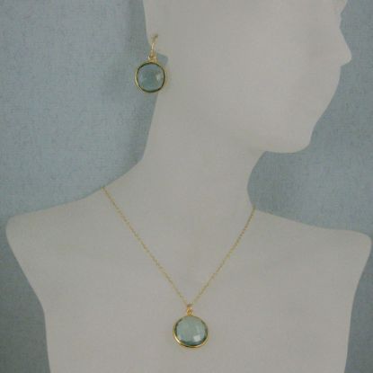 Wholesale Bezel Gemstone Round Pendant Necklace & Earrings-Gold Plated-Aqua Quartz (16-24")