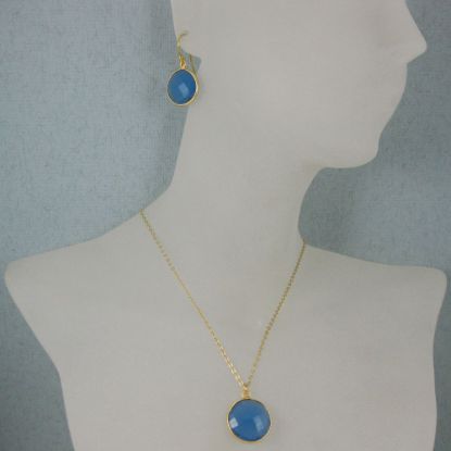Wholesale Bezel Gemstone Round Pendant Necklace & Earrings-Gold Plated-Blue Chalcedony (16-24")