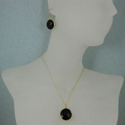 Wholesale Bezel Gemstone Round Pendant Necklace & Earrings-Gold Plated-Black Onyx (16-24")