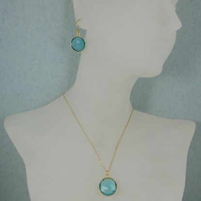 Wholesale Bezel Gemstone Round Pendant Necklace & Earrings-Gold Plated-Blue Quartz (16-24")
