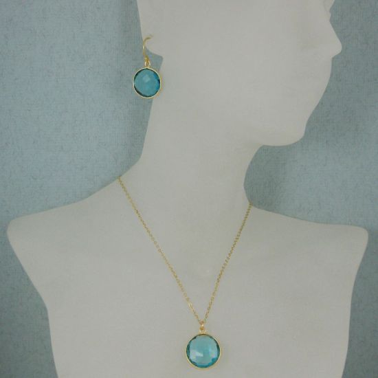 Wholesale Bezel Gemstone Round Pendant Necklace & Earrings-Gold Plated-Blue Quartz (16-24")