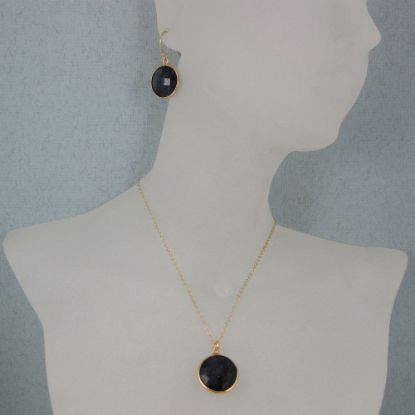 Wholesale Bezel Gemstone Round Pendant Necklace & Earrings-Gold Plated-Blue Sapphire Dyed (16-24")