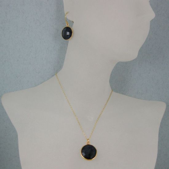 Wholesale Bezel Gemstone Round Pendant Necklace & Earrings-Gold Plated-Blue Sapphire Dyed (16-24")