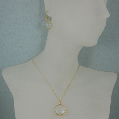 Wholesale Bezel Gemstone Round Pendant Necklace & Earrings-Gold Plated-Crystal Quartz (16-24")