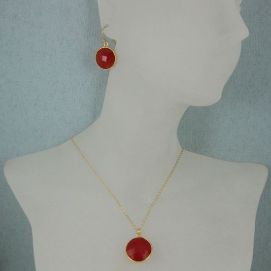 Wholesale Bezel Gemstone Round Pendant Necklace & Earrings-Gold Plated-Carnelian (16-24")